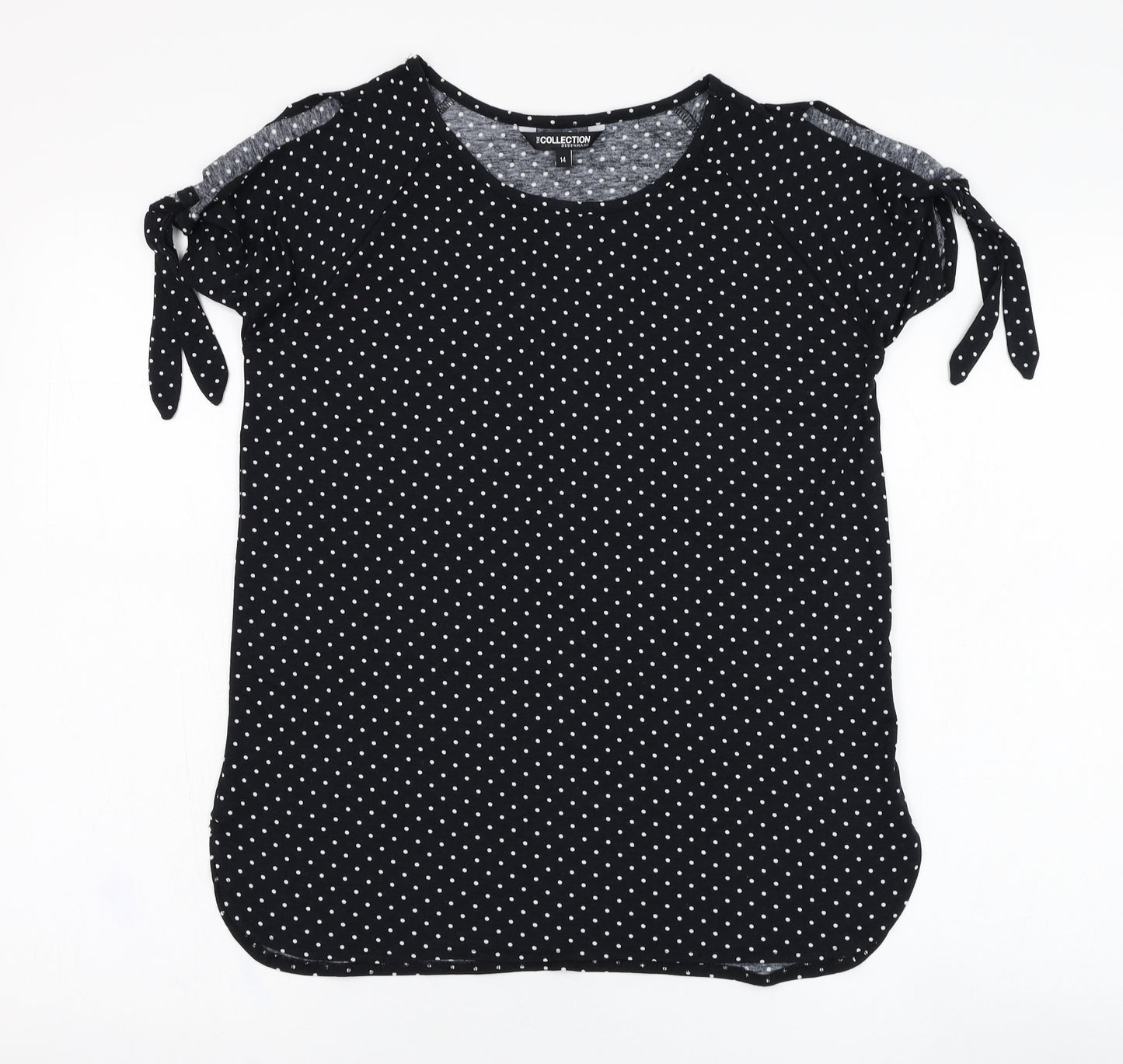 Debenhams Womens Black Polka Dot Polyester Basic T-Shirt Size 14 Round Neck