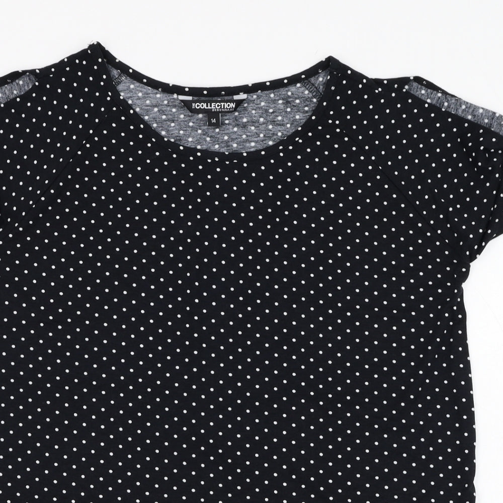 Debenhams Womens Black Polka Dot Polyester Basic T-Shirt Size 14 Round Neck