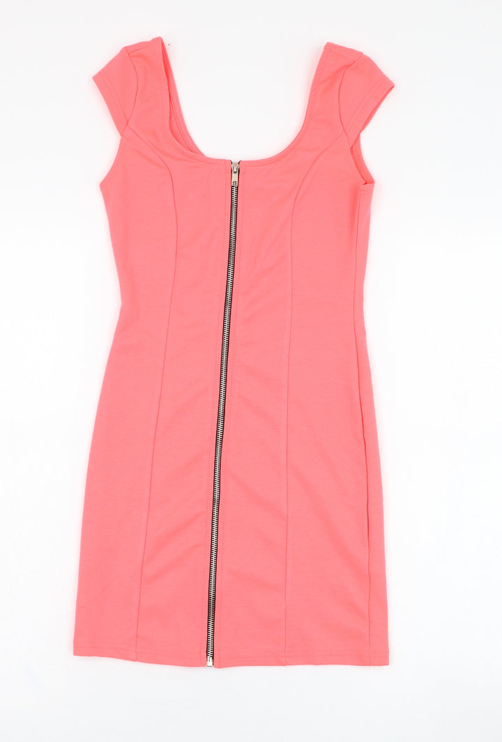 H&M Womens Pink  Polyester Pencil Dress  Size 6  Round Neck Zip