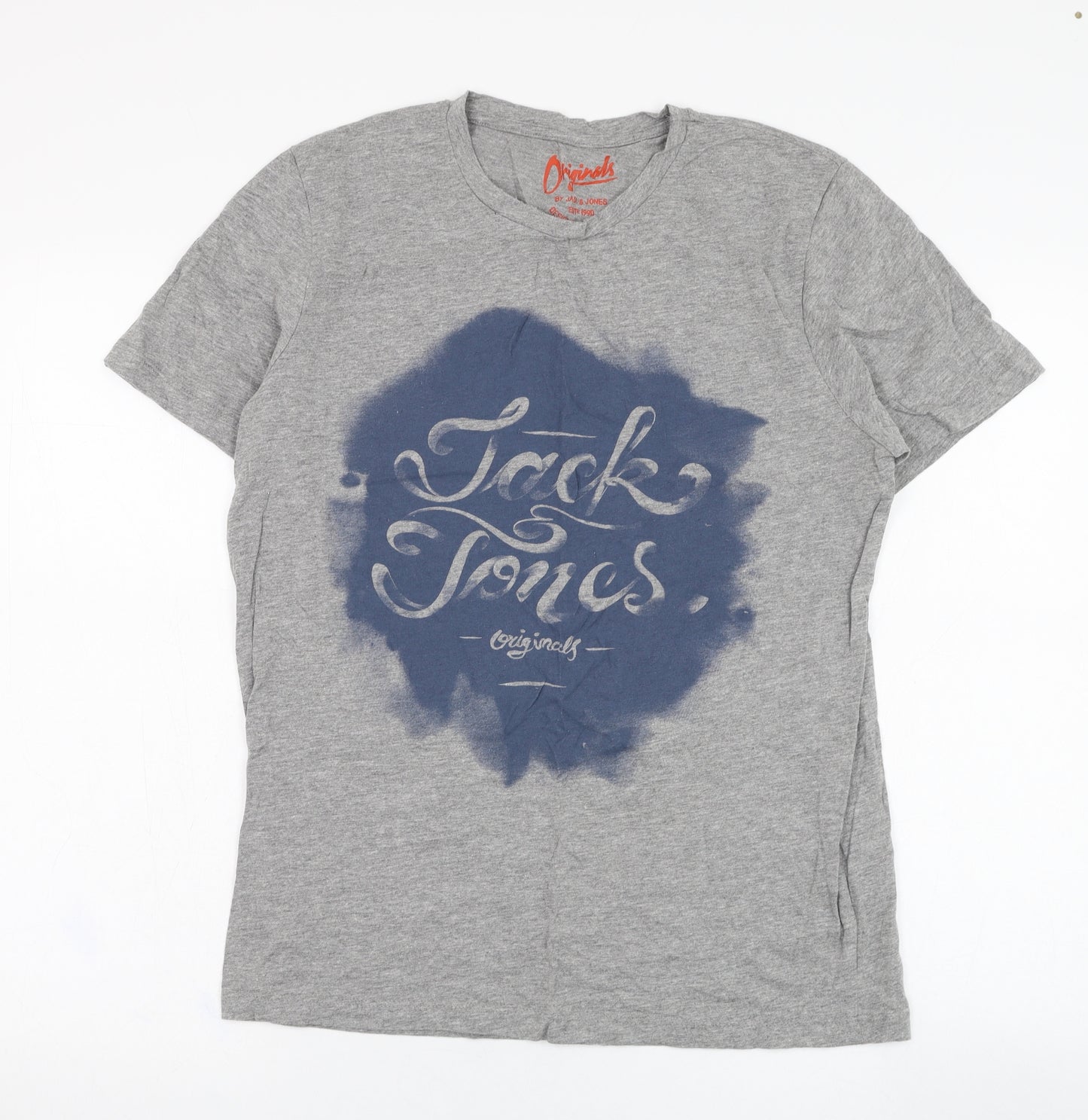 JACK & JONES Mens Grey  Cotton  T-Shirt Size L Round Neck