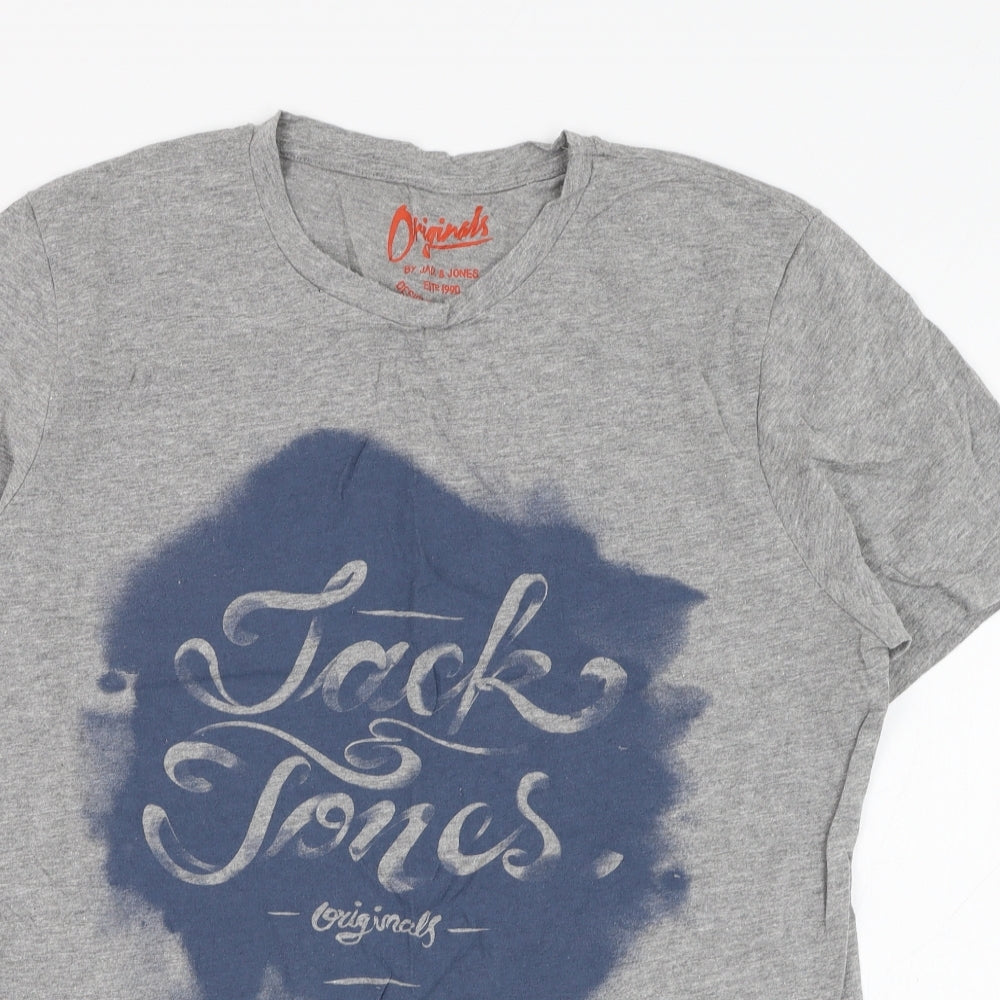 JACK & JONES Mens Grey  Cotton  T-Shirt Size L Round Neck