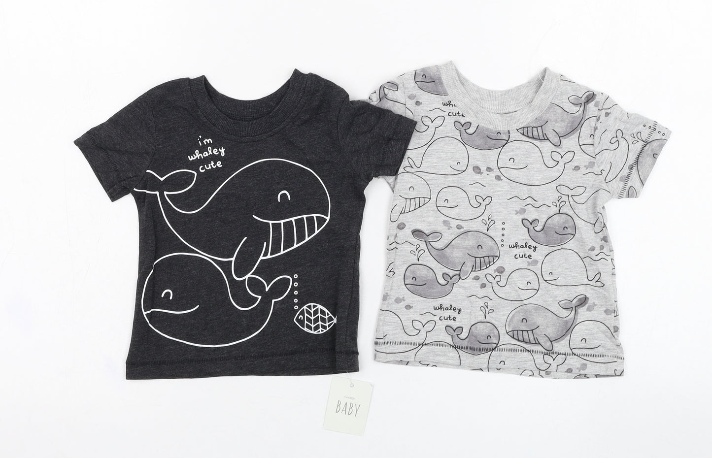 George Boys Grey  Cotton Basic T-Shirt Size 0-3 Months Round Neck Pullover - Whale, T-shirt set