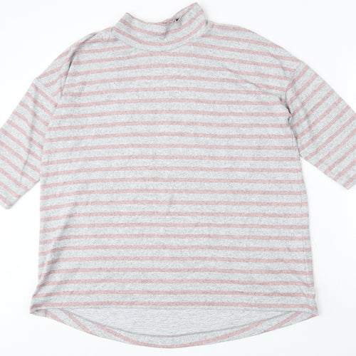 Bonmarché Womens Grey Mock Neck Striped Polyester Pullover Jumper Size 16