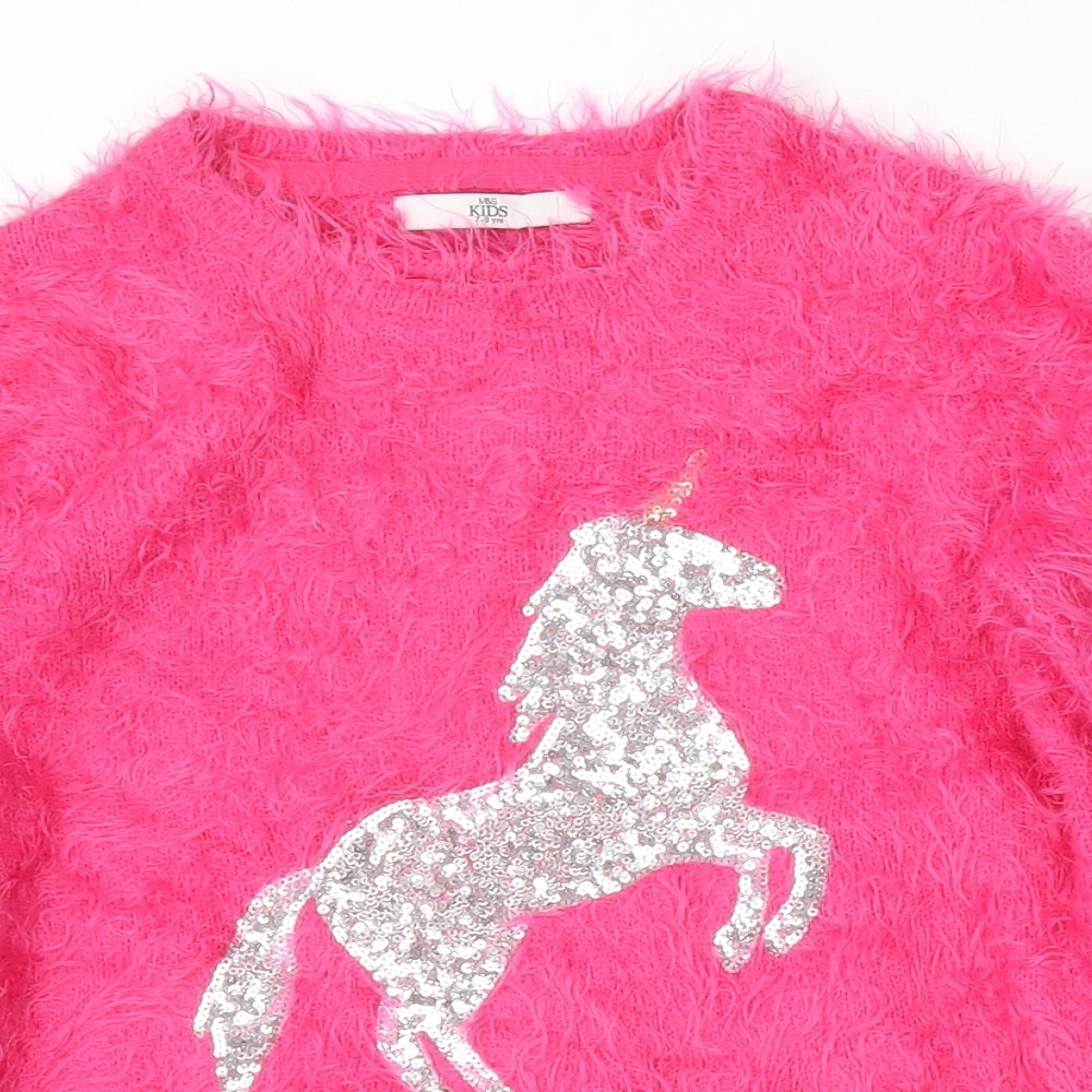 Marks and Spencer Girls Pink Round Neck  Polyamide Pullover Jumper Size 7-8 Years