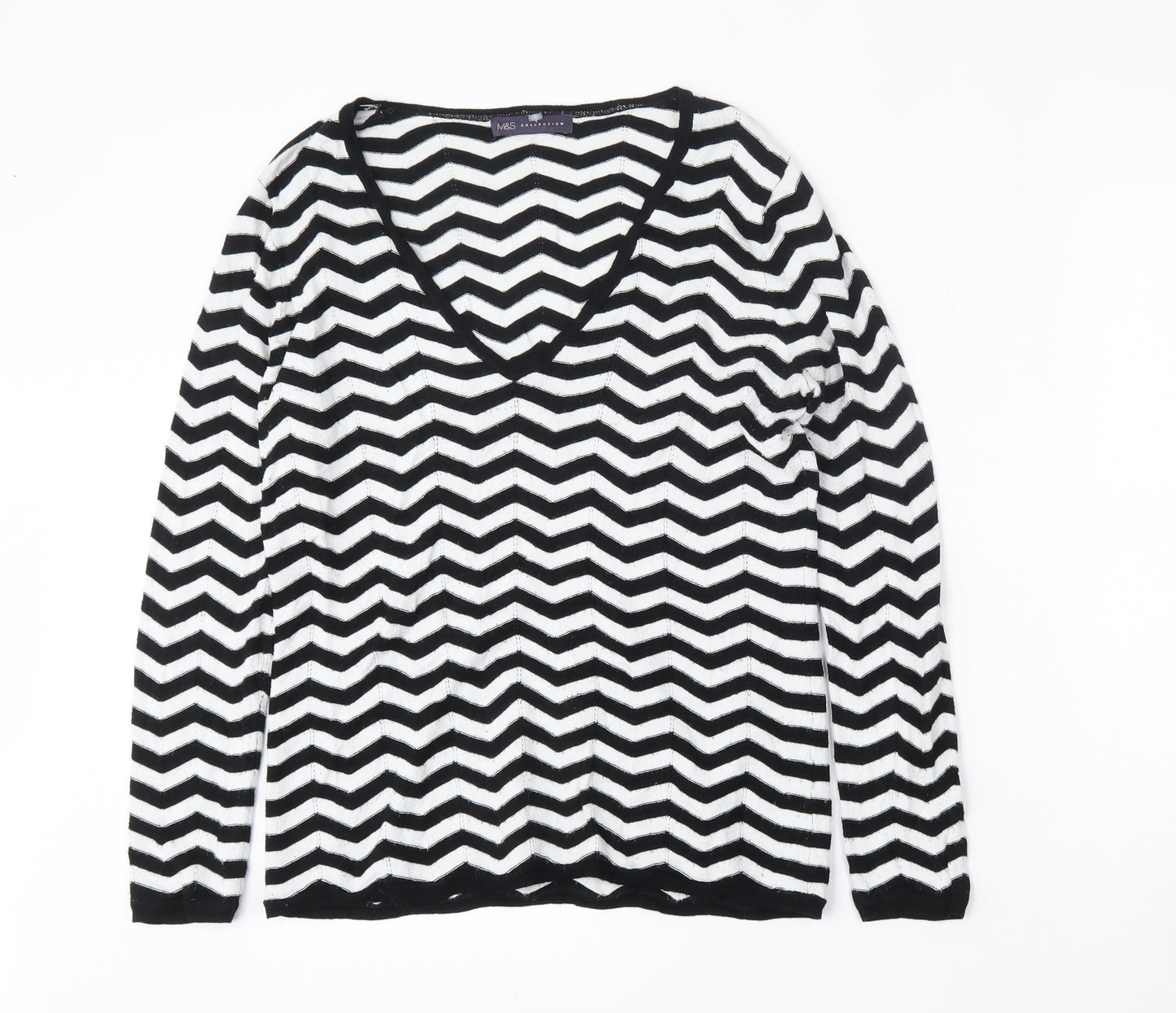 Marks and Spencer Womens White V-Neck Geometric Polyester Pullover Jumper Size L