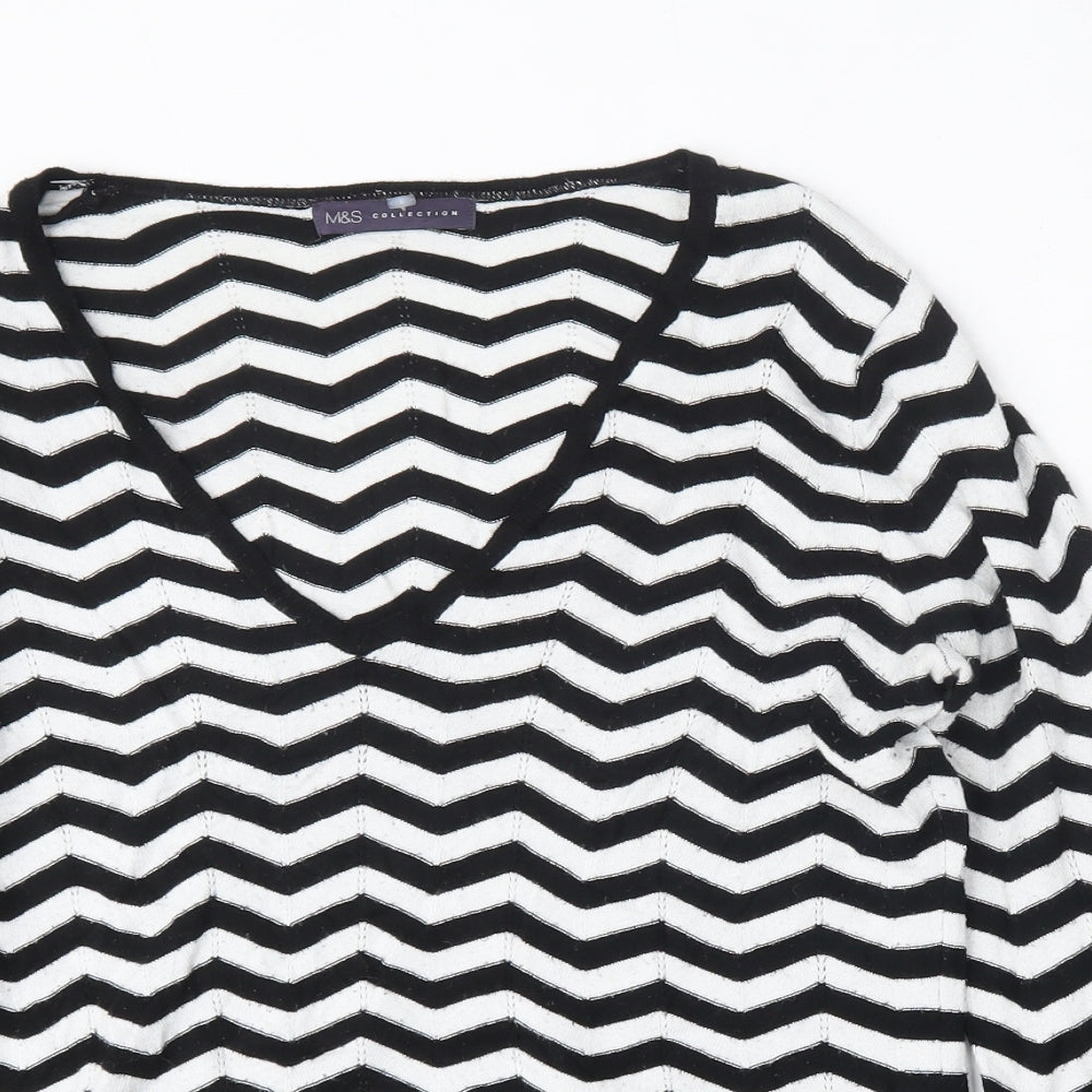 Marks and Spencer Womens White V-Neck Geometric Polyester Pullover Jumper Size L