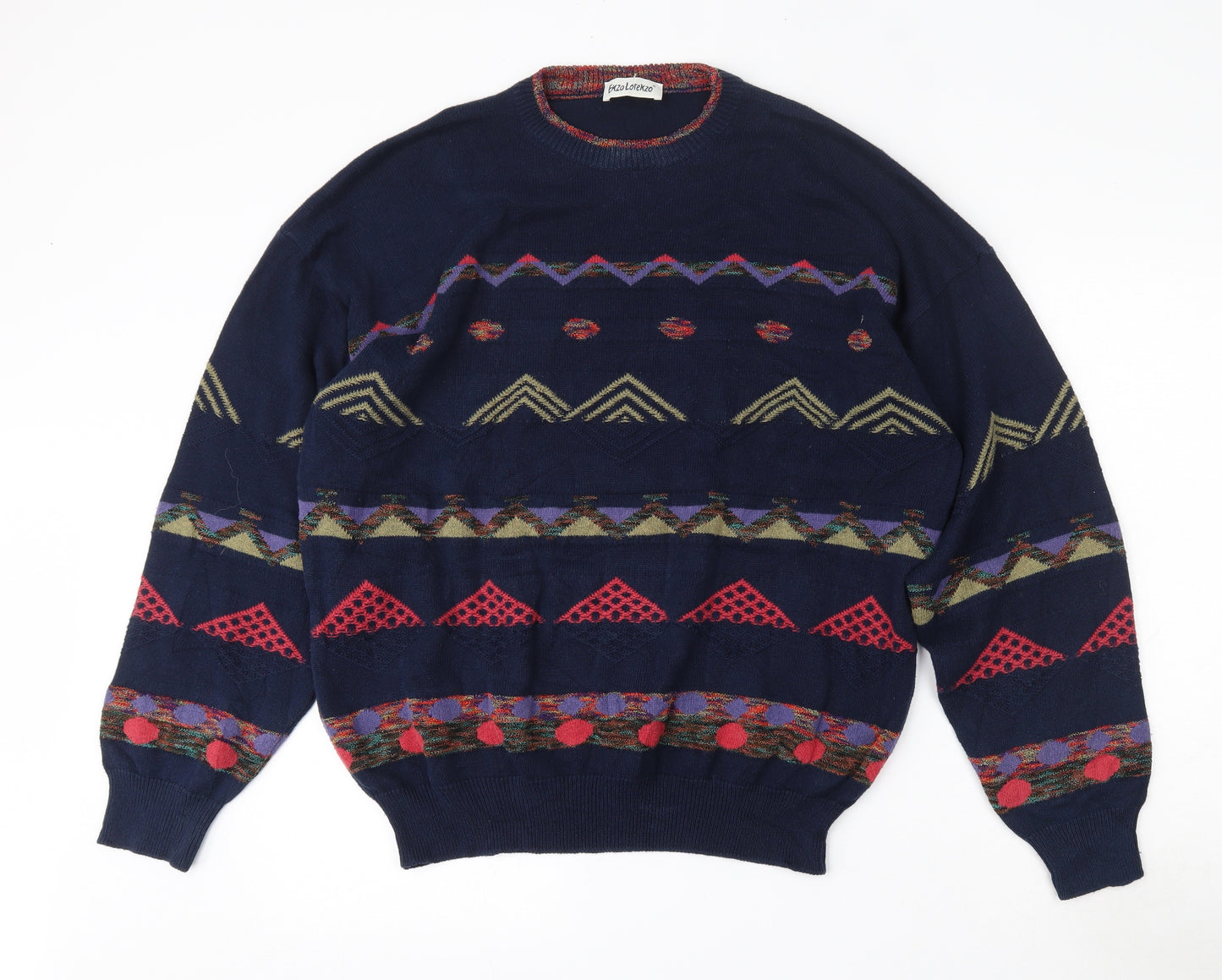 Enzo Lorenzo Mens Multicoloured Round Neck Geometric Polyester Pullover Jumper Size L