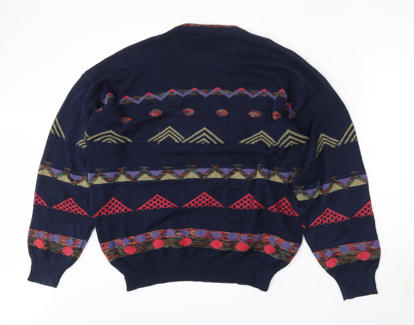 Enzo Lorenzo Mens Multicoloured Round Neck Geometric Polyester Pullover Jumper Size L