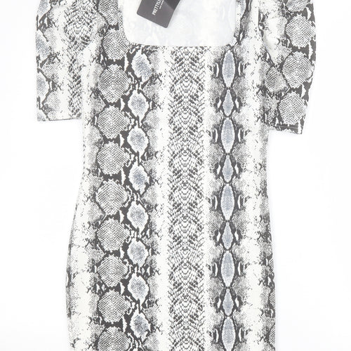 PRETTYLITTLETHING Womens Grey Animal Print Polyester Bodycon  Size 8  Square Neck Pullover