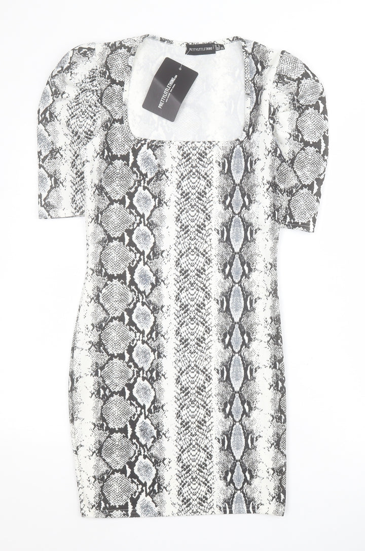 PRETTYLITTLETHING Womens Grey Animal Print Polyester Bodycon Size 8 Square Neck Pullover