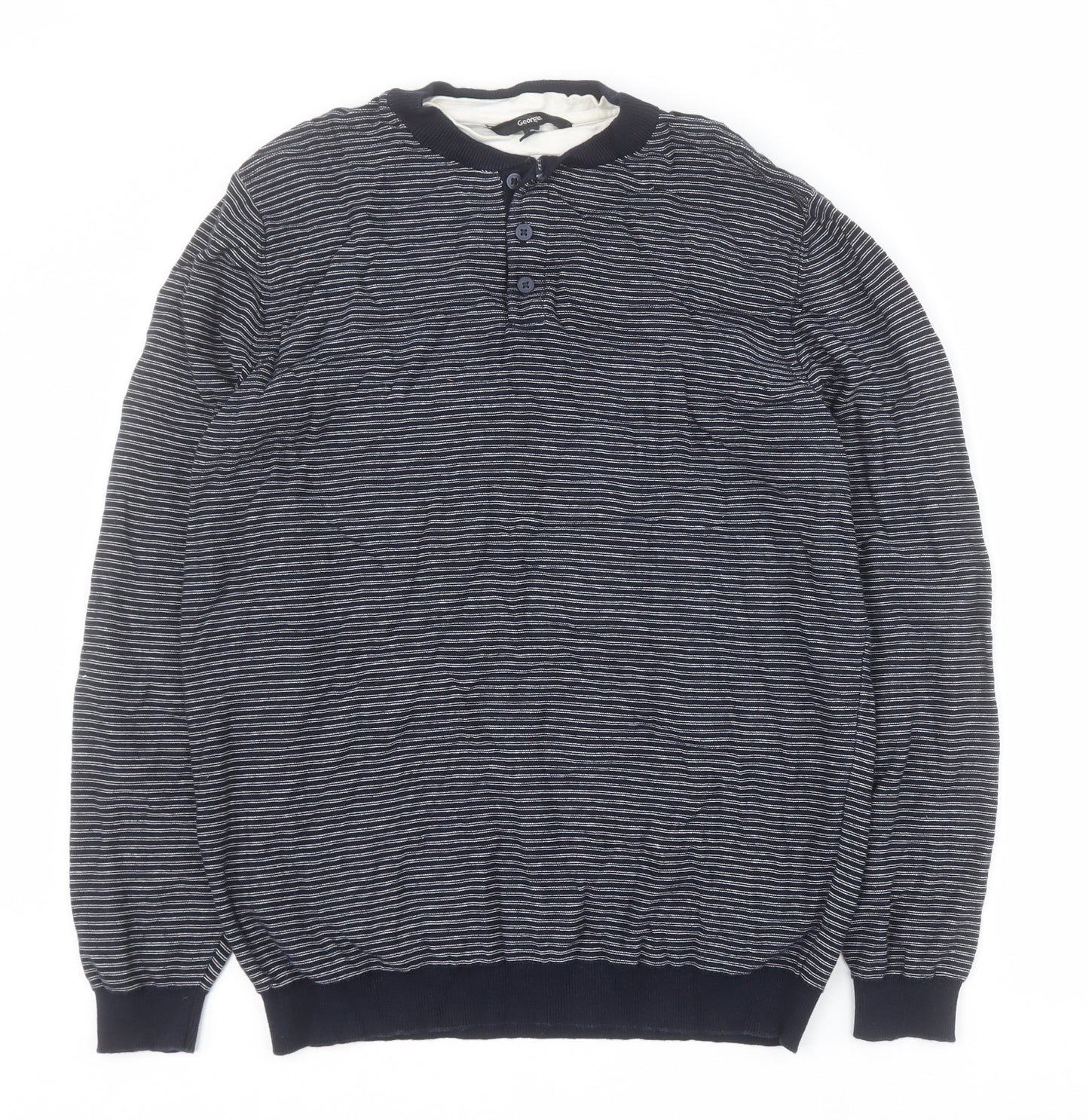 George Womens Blue Round Neck Striped 100% Cotton Pullover Jumper Size M