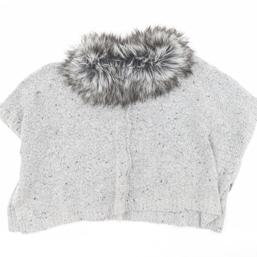 Primark Girls Grey Collared  Acrylic Cardigan Jumper Size 7-8 Years  Hook & Eye - Faux fur