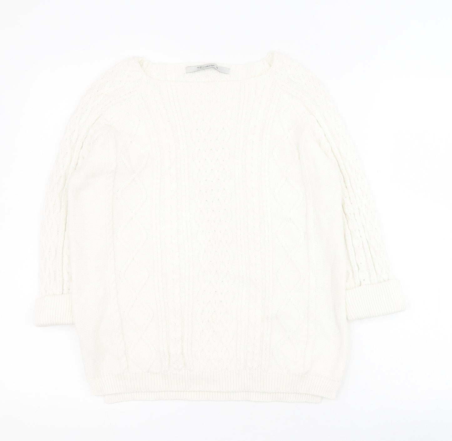 Tru Collection Womens White Square Neck  100% Cotton Pullover Jumper Size M