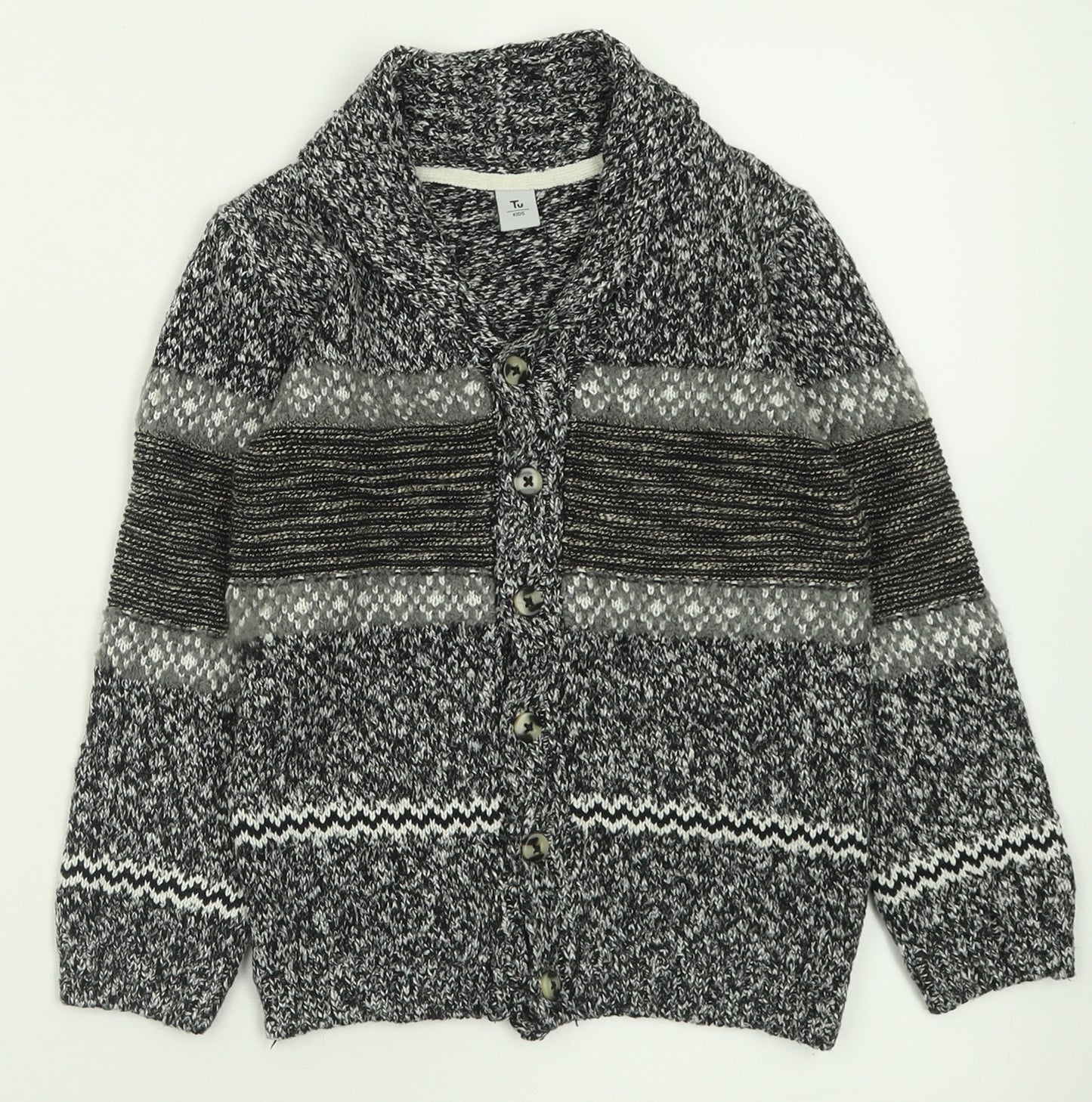 TU Boys Grey V-Neck Striped Acrylic Cardigan Jumper Size 4-5 Years  Button