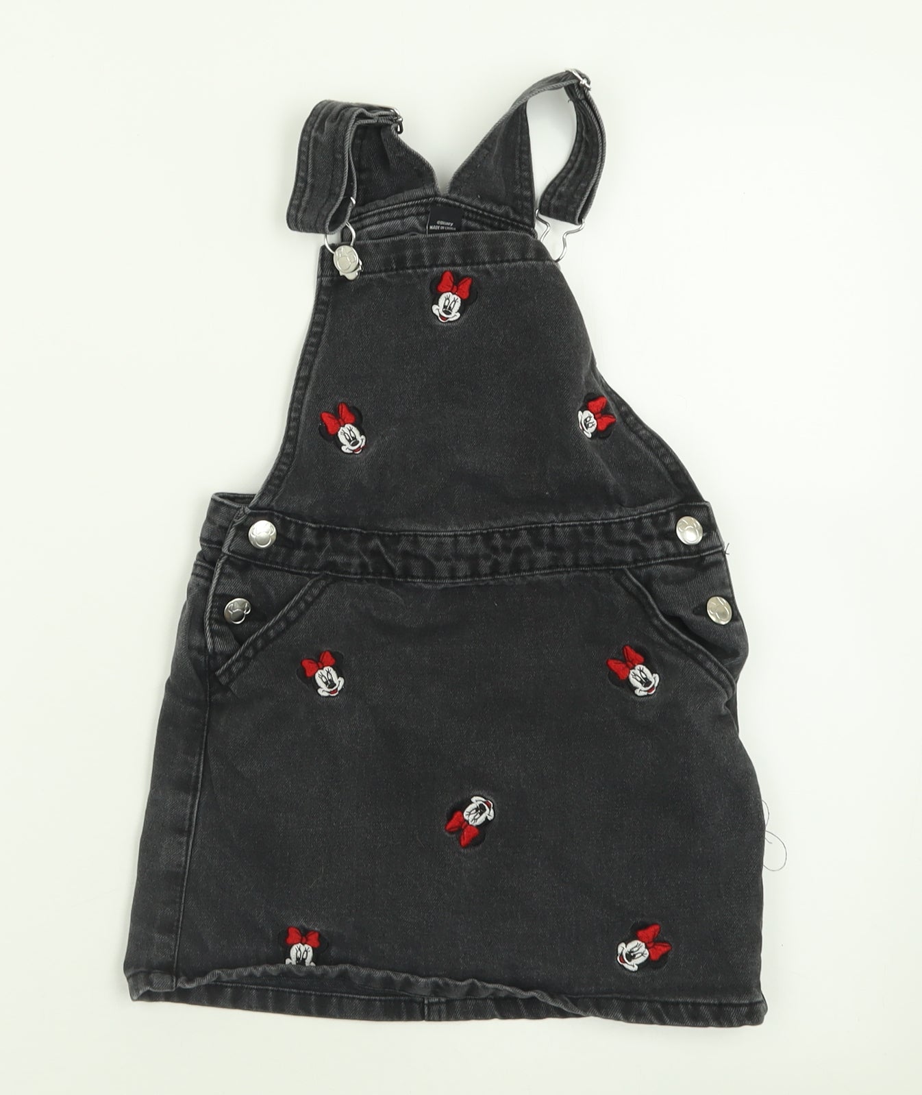 Primark Girls Black Geometric Cotton Pinafore/Dungaree Dress  Size 6-7 Years  Square Neck Button - Minnie Mouse