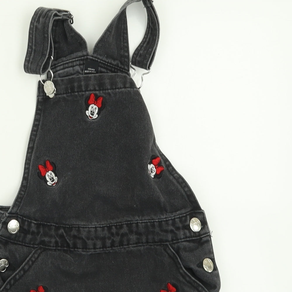 Primark Girls Black Geometric Cotton Pinafore/Dungaree Dress  Size 6-7 Years  Square Neck Button - Minnie Mouse