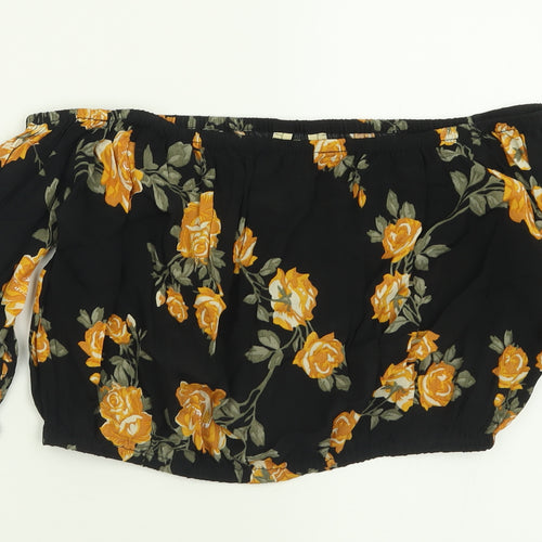 Miss Selfridge Womens Black Floral Viscose Cropped T-Shirt Size 10 Off the Shoulder