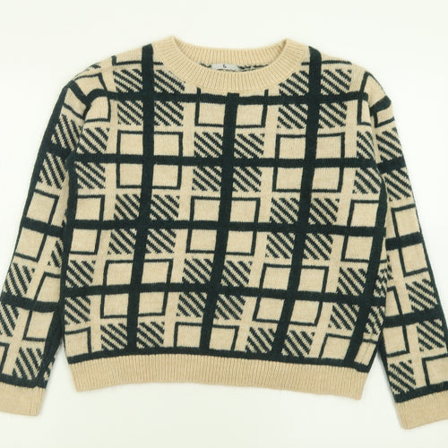 TU Womens Beige Crew Neck Geometric Acrylic Pullover Jumper Size 12