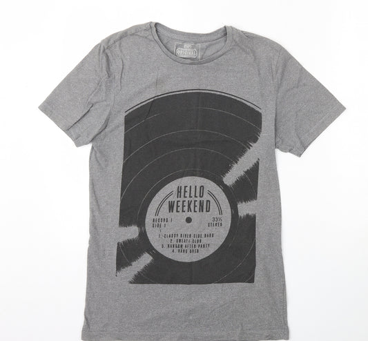 Front view of F&F men’s grey cotton t-shirt, size XS, round neck - hello weekend