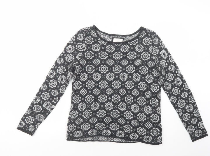 H&M Womens Grey Boat Neck Floral Cotton Pullover Jumper Size M