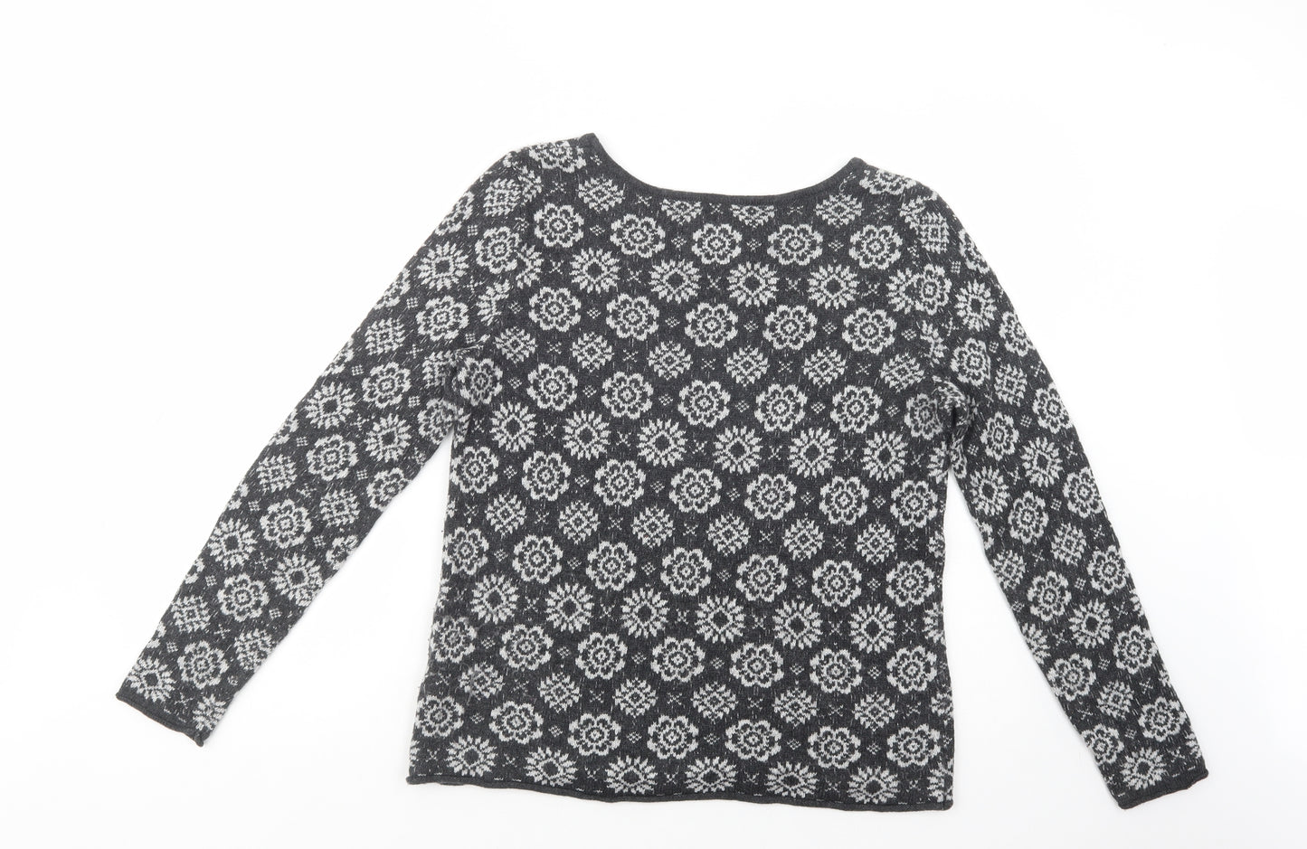 H&M Womens Grey Boat Neck Floral Cotton Pullover Jumper Size M