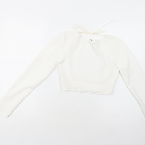PRETTYLITTLETHING Womens White  Polyester Cropped Blouse Size 6 Round Neck