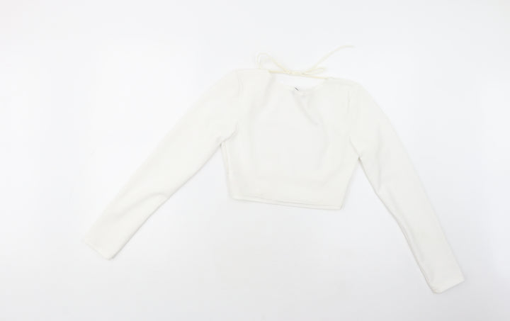 PRETTYLITTLETHING Womens White Polyester Cropped Blouse Size 6 Round Neck