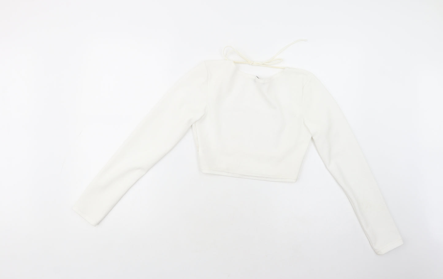PRETTYLITTLETHING Womens White  Polyester Cropped Blouse Size 6 Round Neck