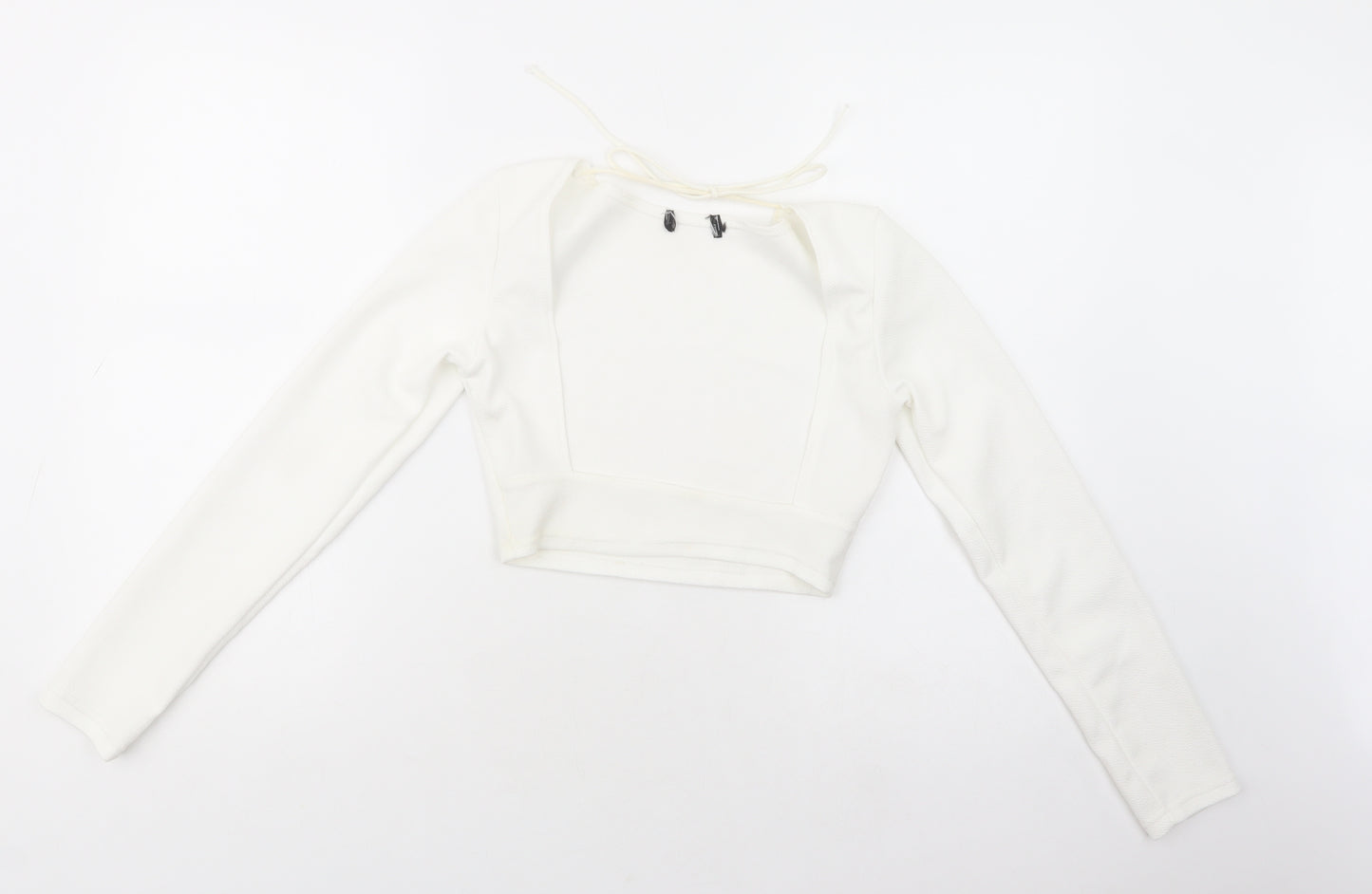 PRETTYLITTLETHING Womens White  Polyester Cropped Blouse Size 6 Round Neck
