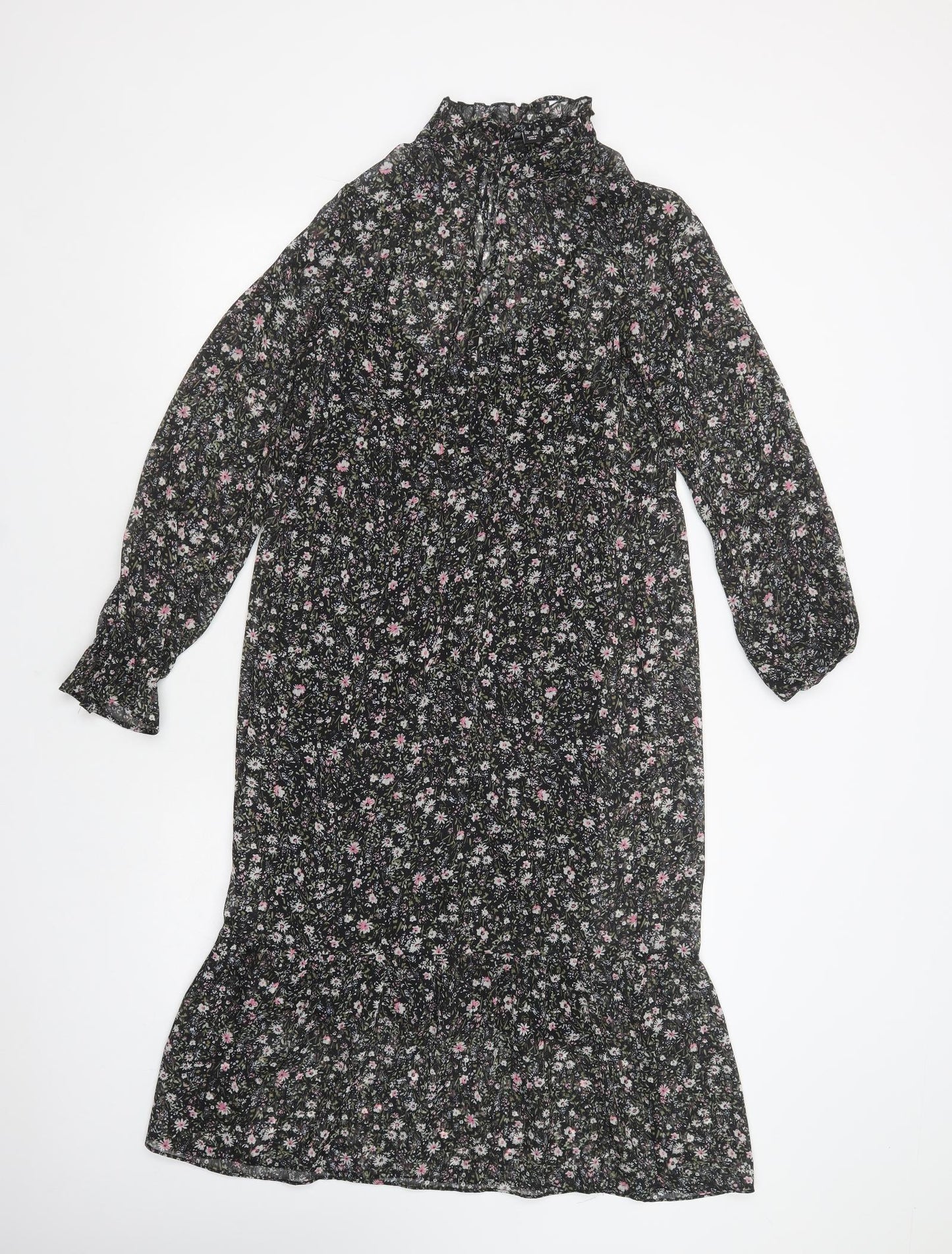 New Look Womens Black Floral Polyester A-Line  Size 8  High Neck Tie