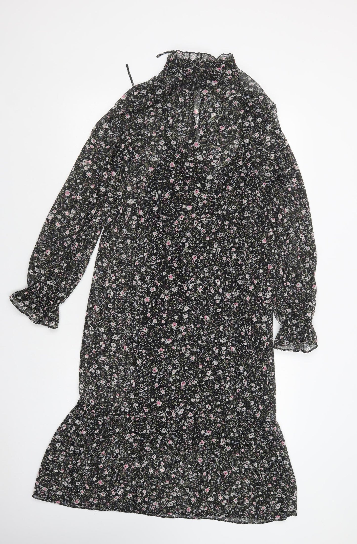 New Look Womens Black Floral Polyester A-Line  Size 8  High Neck Tie