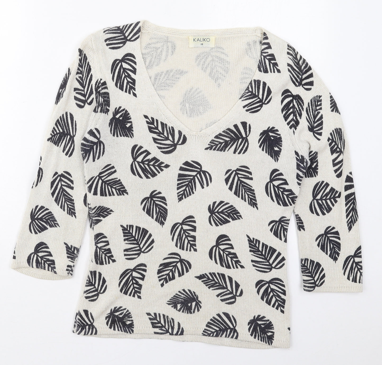 Kaliko Womens Brown V-Neck  Viscose Pullover Jumper Size 10   - Leaf Prints