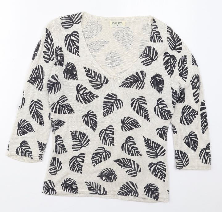 Kaliko Womens Brown V-Neck  Viscose Pullover Jumper Size 10   - Leaf Prints
