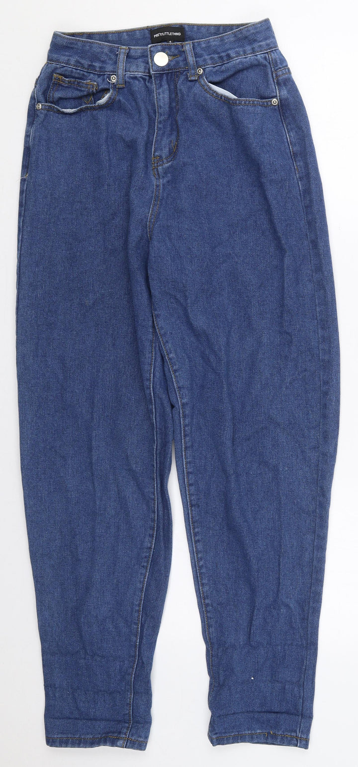 PRETTYLITTLETHING Womens Blue Cotton Mom Jeans Size 4 L28 in Regular Button