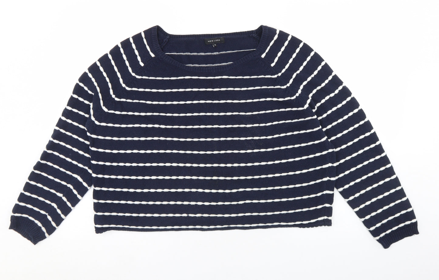 New Look Womens Blue Round Neck Striped 100% Cotton Pullover Jumper Size 12