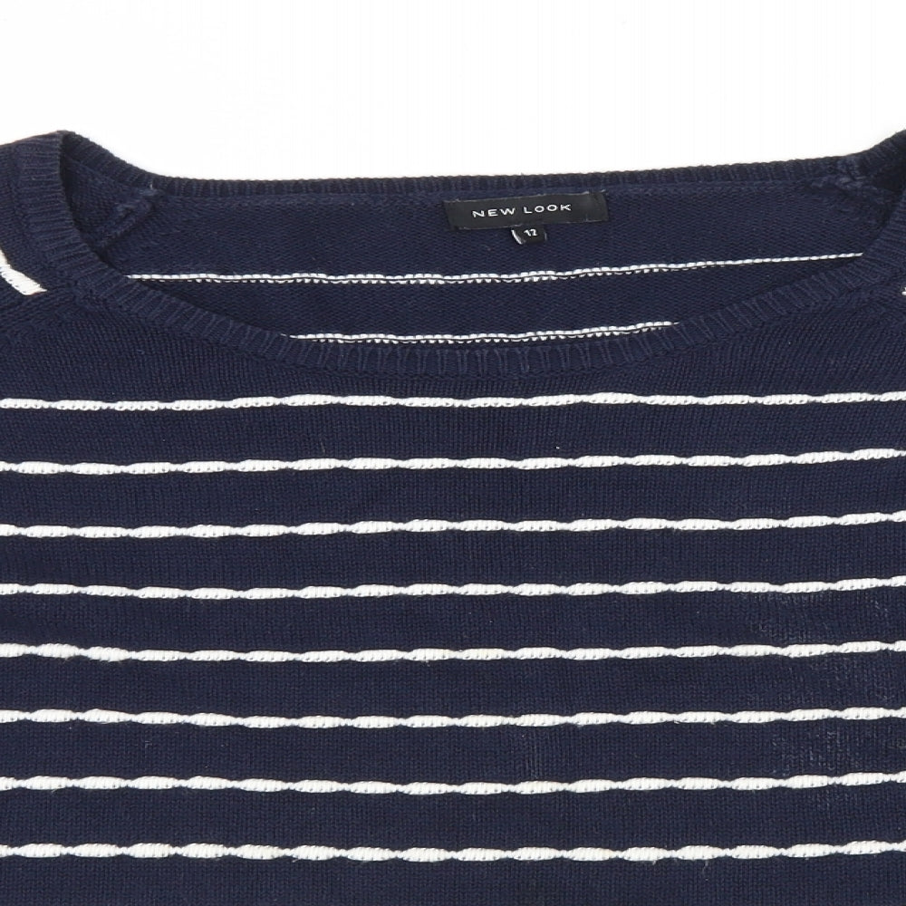 New Look Womens Blue Round Neck Striped 100% Cotton Pullover Jumper Size 12