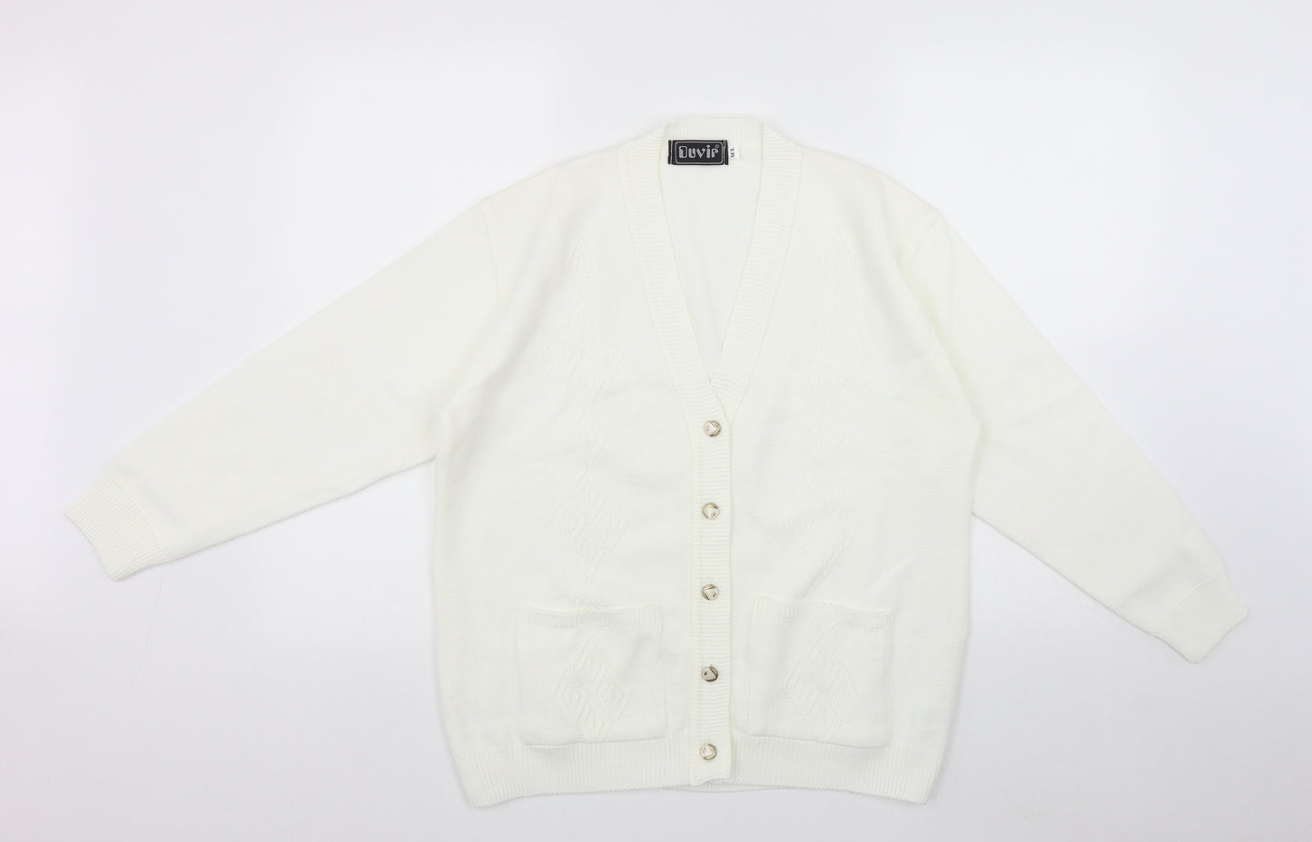 Duvir Womens White V-Neck  Acrylic Cardigan Jumper Size M