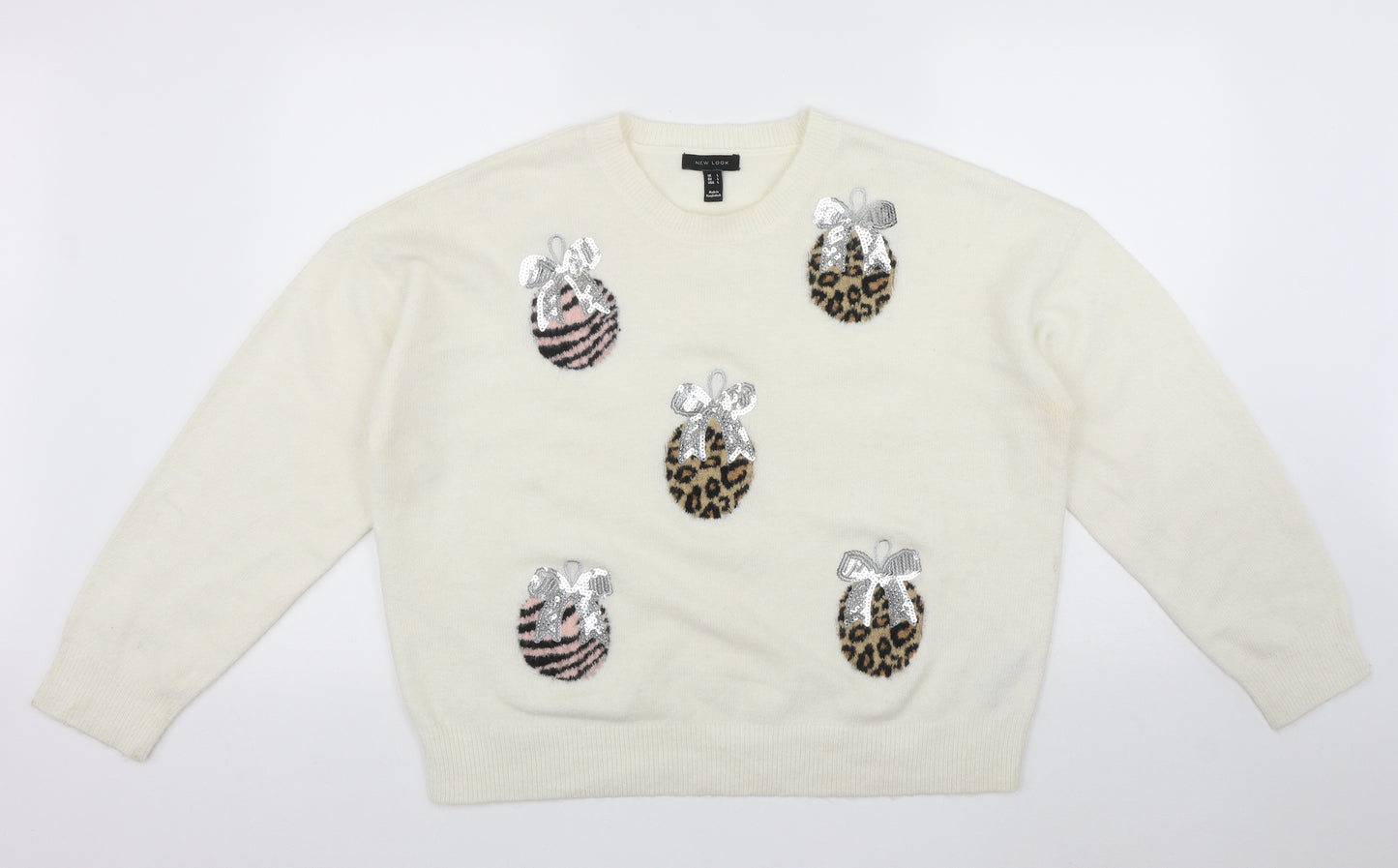New Look Womens White Round Neck Geometric Acrylic Pullover Jumper Size L   - Christmas Bauble Design