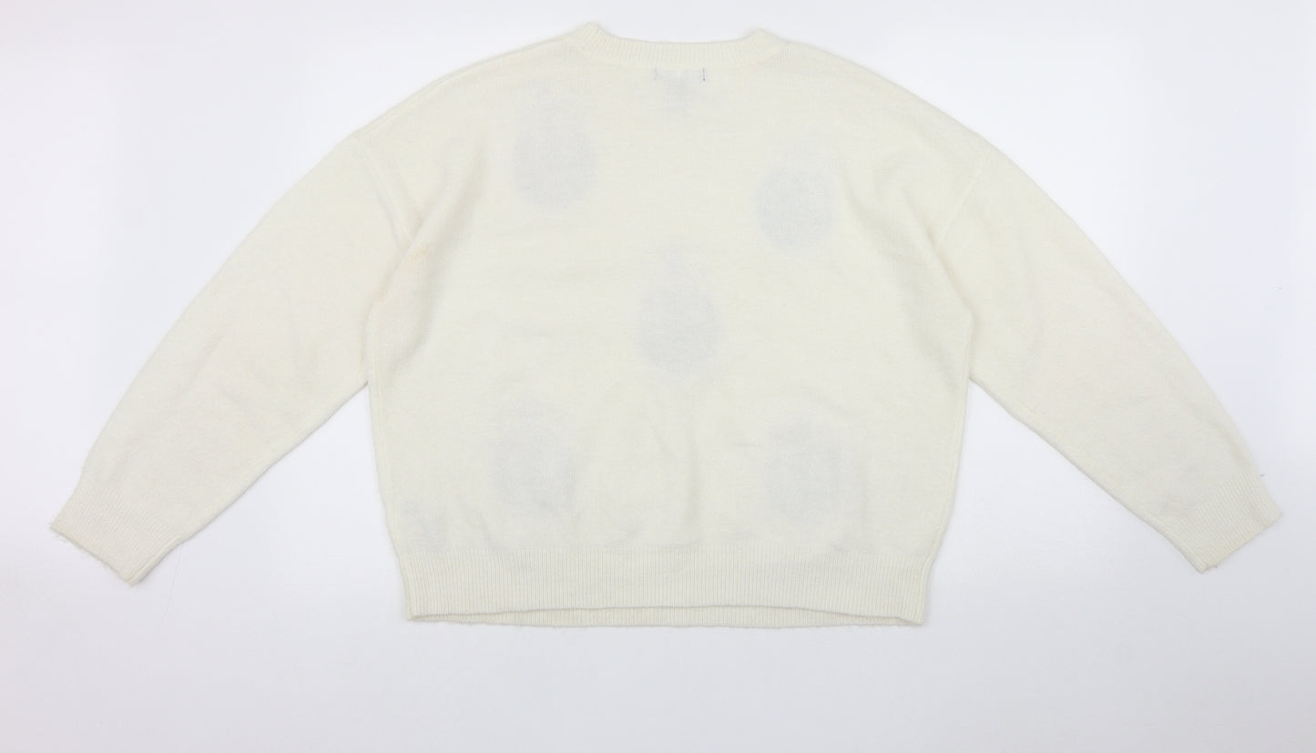 New Look Womens White Round Neck Geometric Acrylic Pullover Jumper Size L   - Christmas Bauble Design