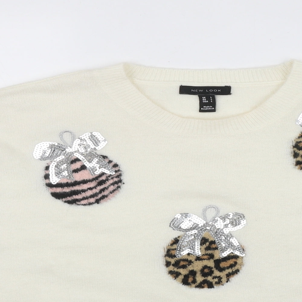 New Look Womens White Round Neck Geometric Acrylic Pullover Jumper Size L   - Christmas Bauble Design