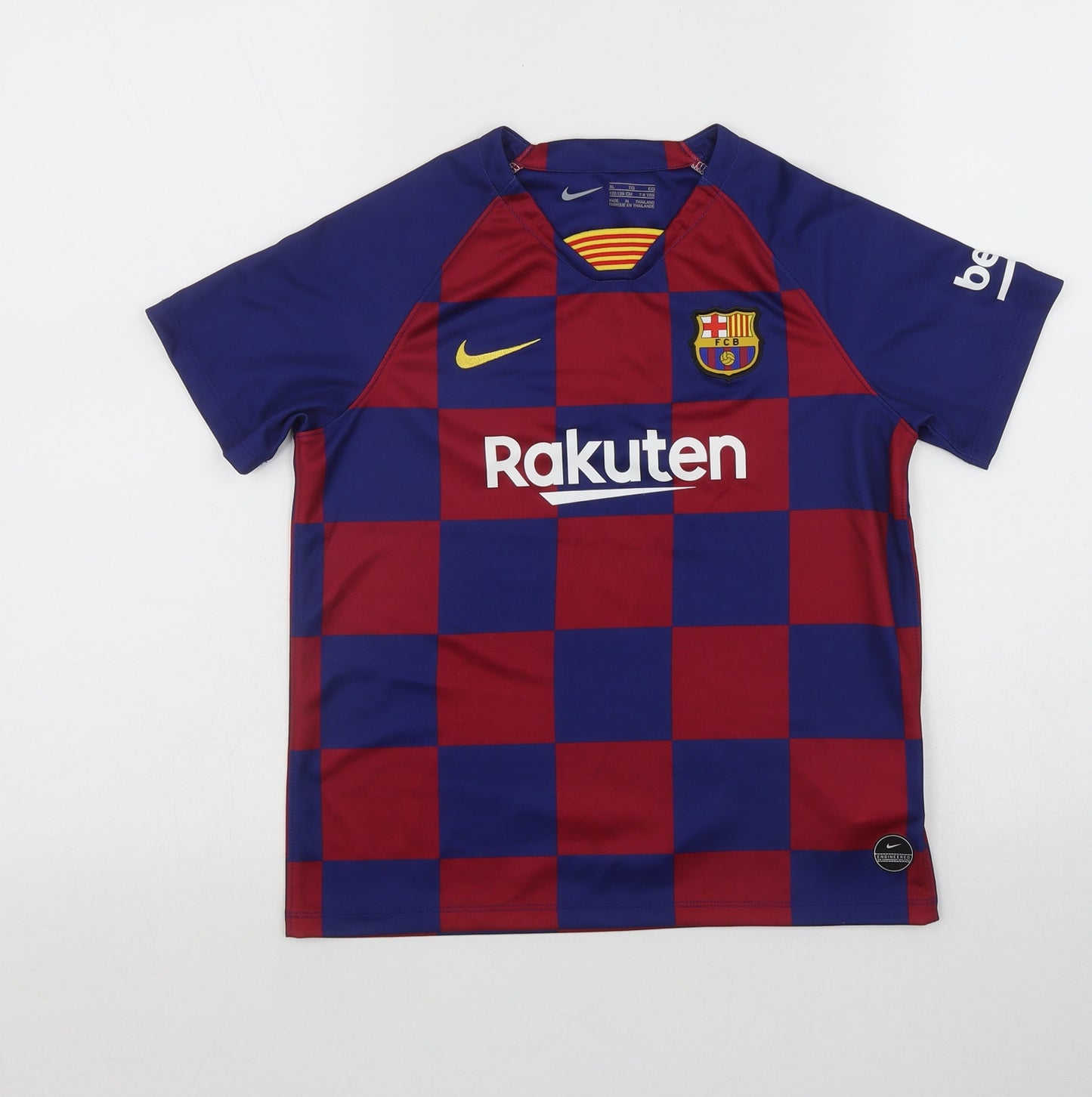 Nike Boys Blue Check Polyester Pullover T-Shirt Size 7-8 Years V-Neck  - Barcelona Football Club