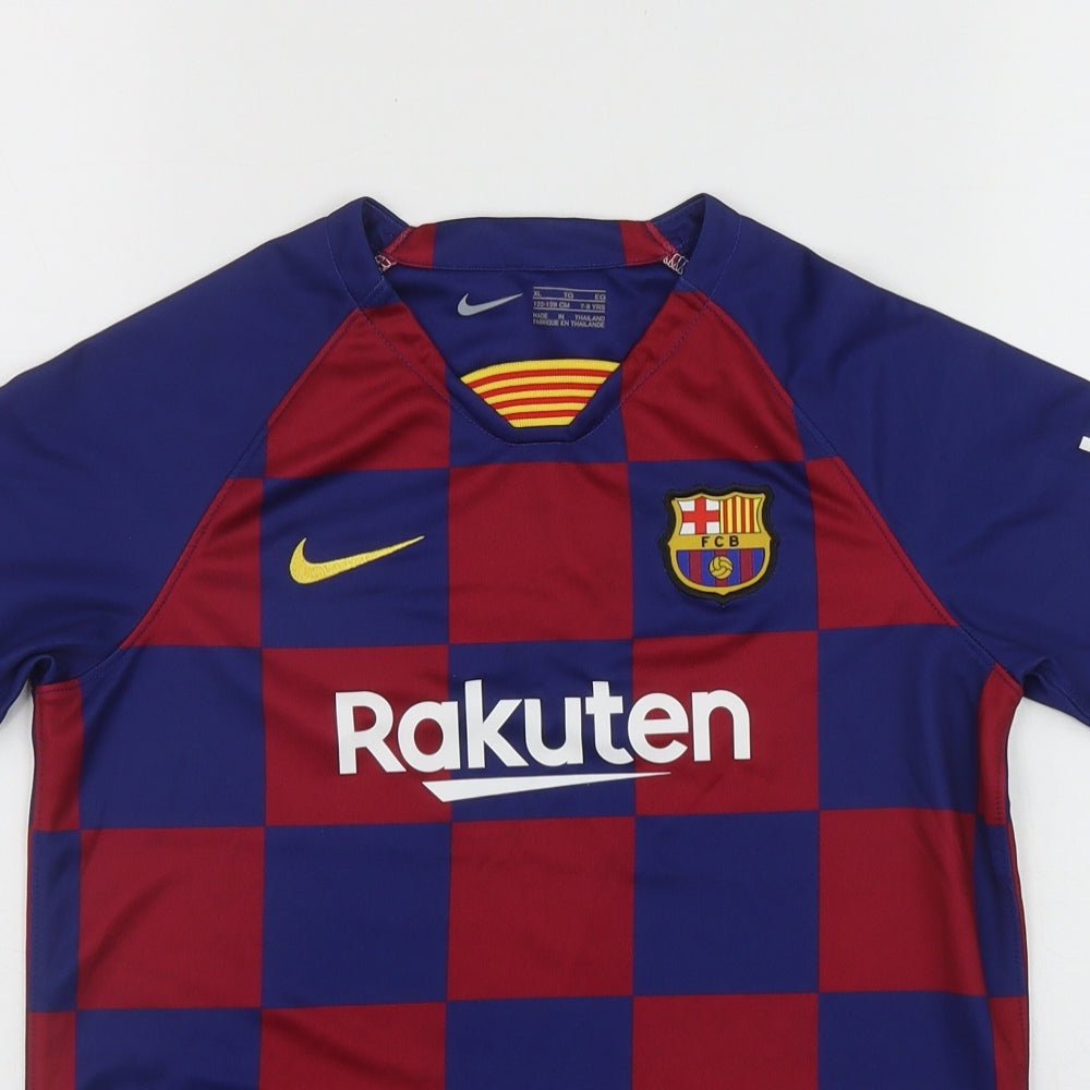 Nike Boys Blue Check Polyester Pullover T-Shirt Size 7-8 Years V-Neck  - Barcelona Football Club
