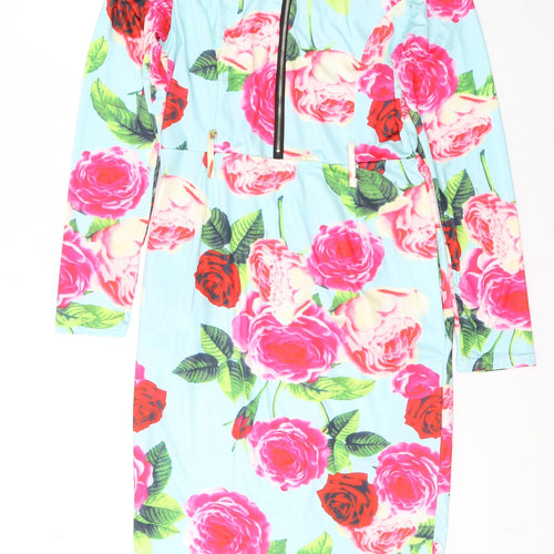 Preworn Womens Blue Floral Cotton A-Line  Size L  Round Neck Zip
