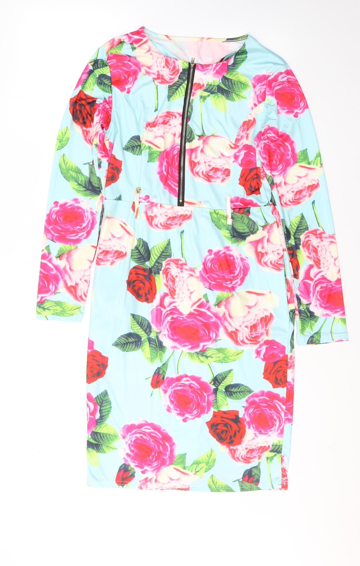 Preworn Womens Blue Floral Cotton A-Line  Size L  Round Neck Zip