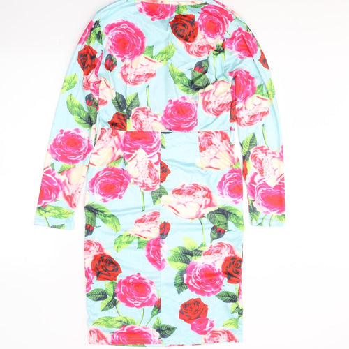 Preworn Womens Blue Floral Cotton A-Line  Size L  Round Neck Zip