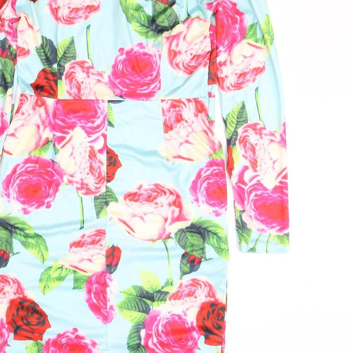 Preworn Womens Blue Floral Cotton A-Line  Size L  Round Neck Zip