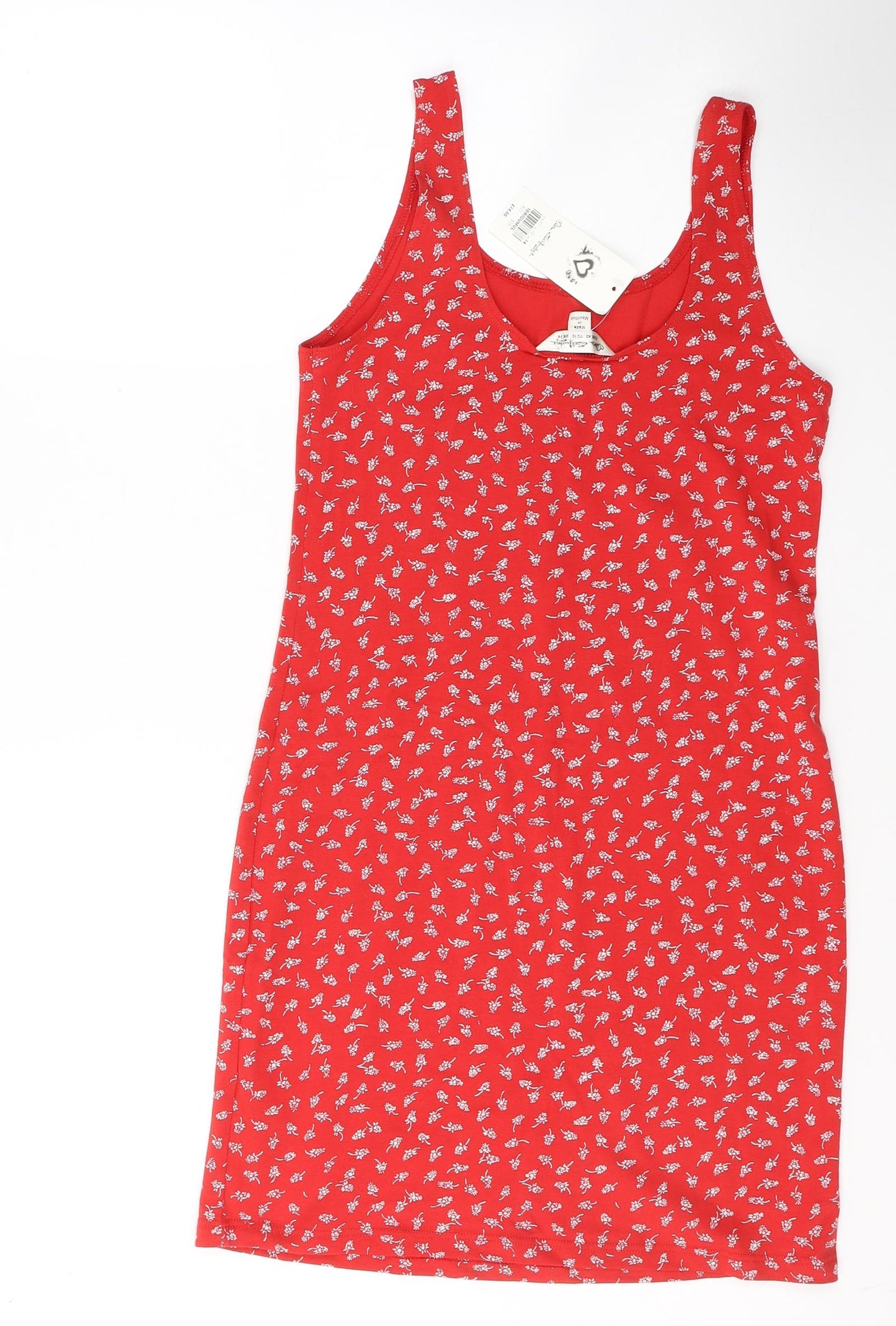 Miss Selfridge Womens Red Floral Cotton Tank Dress  Size 14  Round Neck Pullover