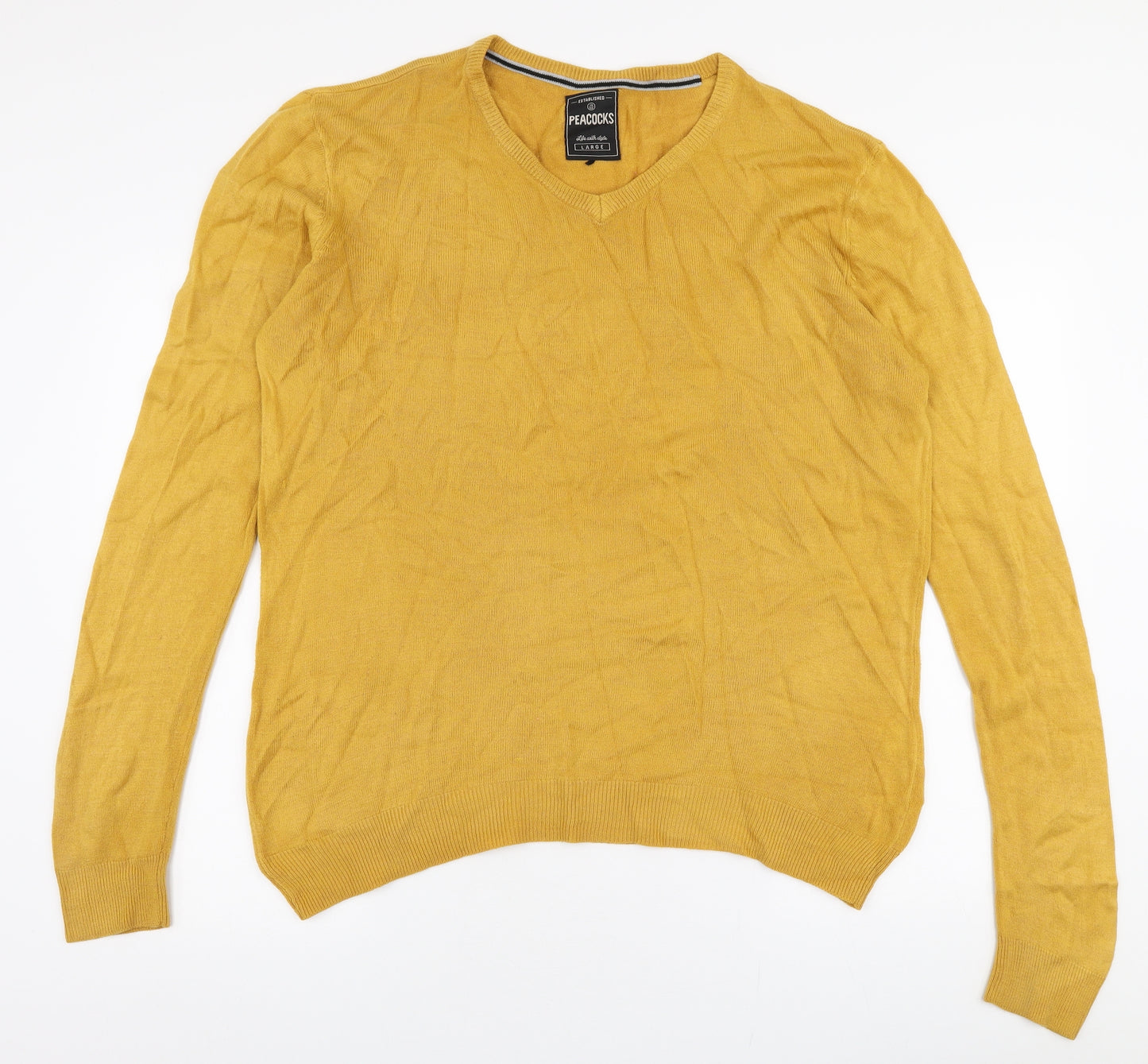 Peacocks Mens Yellow V-Neck  Polyester Pullover Jumper Size L
