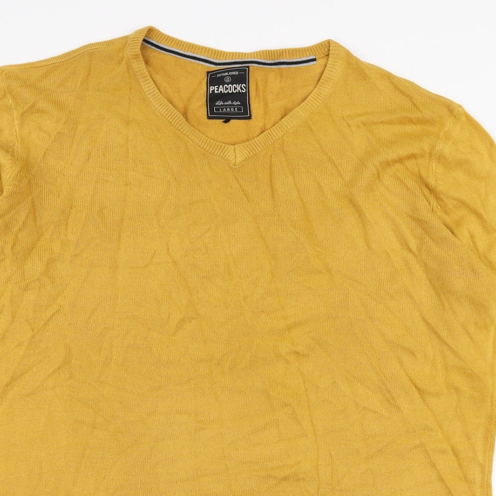 Peacocks Mens Yellow V-Neck  Polyester Pullover Jumper Size L