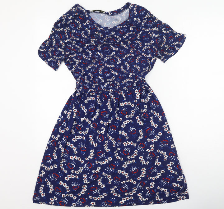 Oasis Womens Blue Floral Viscose Slip Dress Size S Round Neck Drawstring